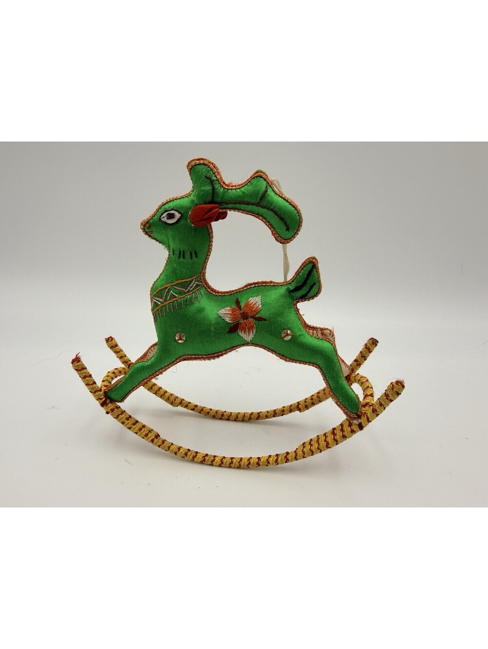 Vintage Chinese Satin Embroidered Silk Rocking Horse Reindeer Ornament Green